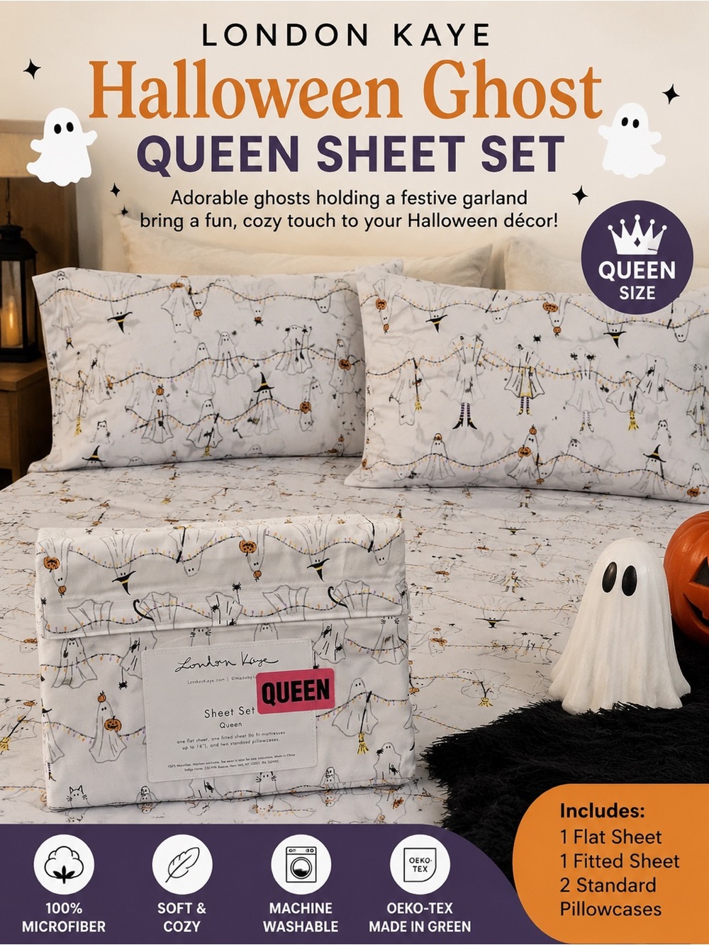 London Kaye Halloween Ghost Queen Sheet Set - White Ghost Print
